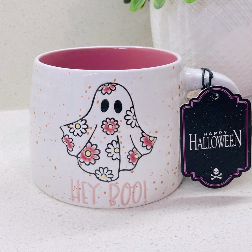 NEW Happy Halloween Hey Boo Floral Ghost Pink Speckled‎ Ceramic Mug 19oz